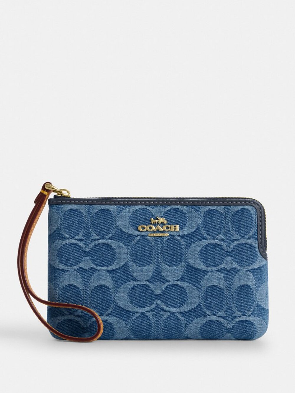 Coach Corner Zip Wristlet In Signature Denim